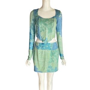 Sabo Corset Top & Mini Skirt Set Size US 4 Blue Green Floral Festival Summer